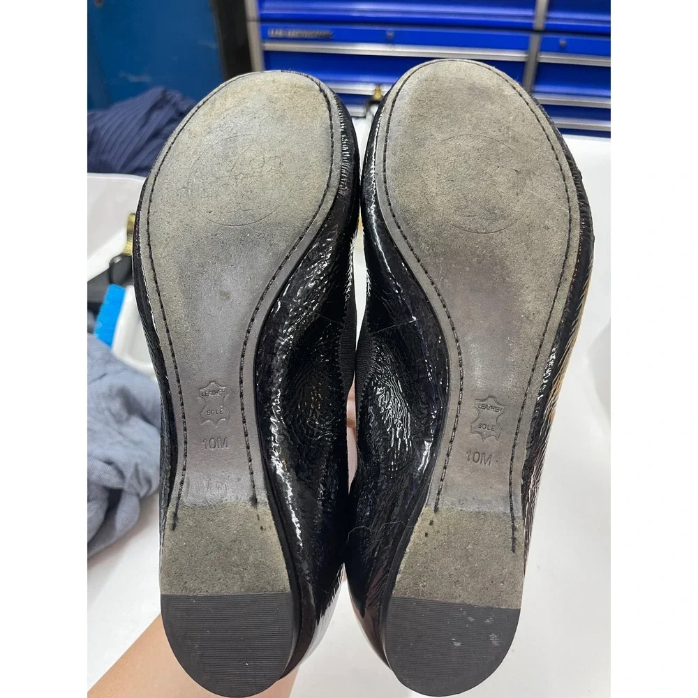 Tory Burch Reva Black Patent Leather Gold Logo Ballet Flats Size 10M